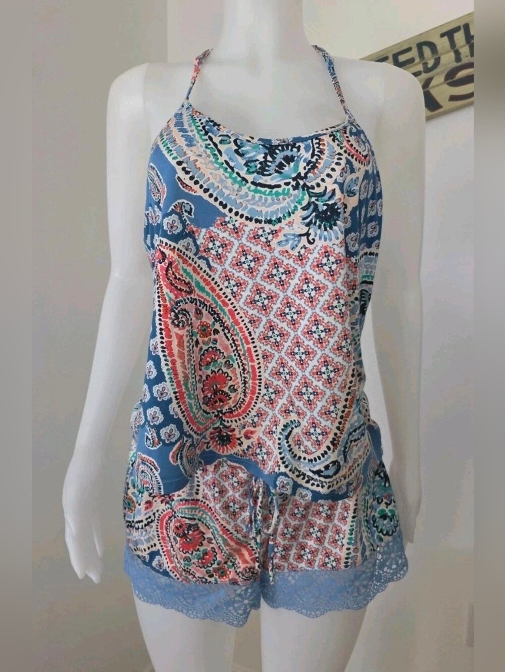 In Bloom Jonqil Paisley Abstract Floral Lace Trim Pajama Set Shorts Cami Size M